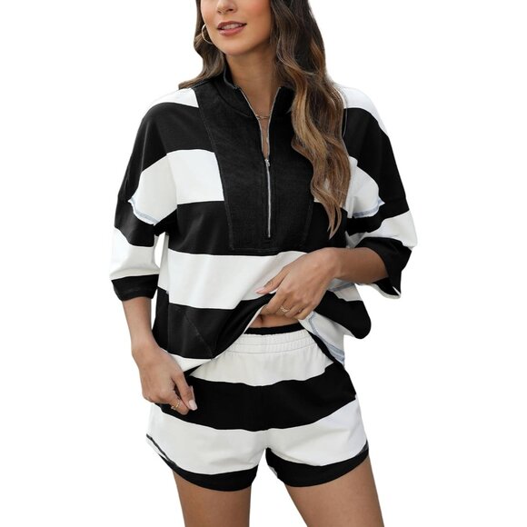 Women's Cotton Striped 2-Piece Outfit Oversized Lounge Set Summer Workout - Picture 7 of 7